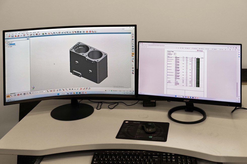 The aircraft fuel pump solid model on the screen in PolyWorks Inspector (left) and a report generated automatically by the software after CMM inspection